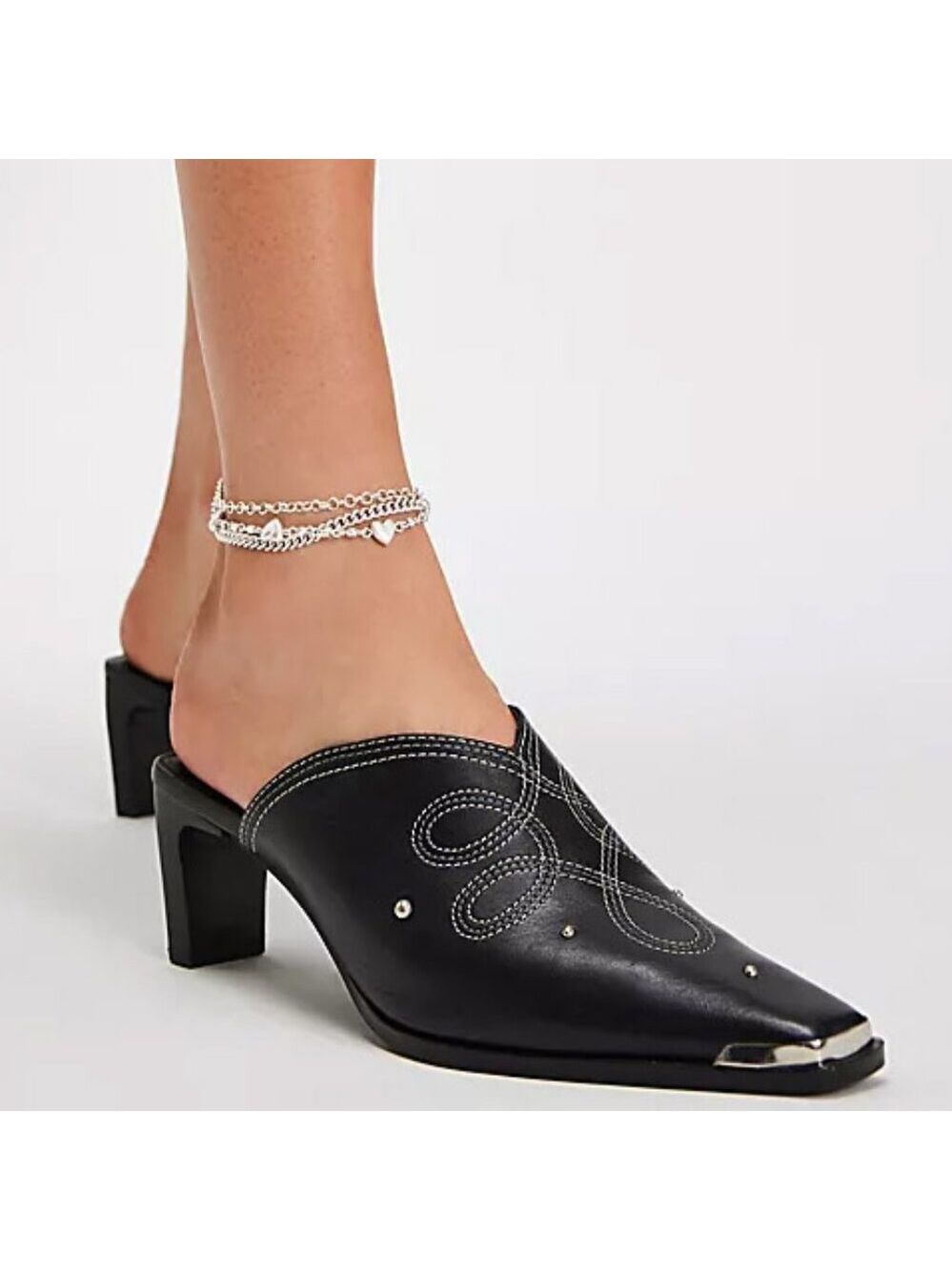 NIB Free People Black Pointed Toe Leather Mules with Silver Studs